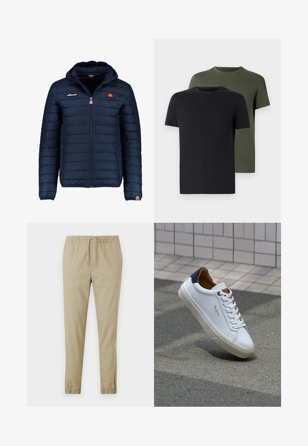 Veste matelassée bleu marine avec capuche, fermeture zippée, coutures en canaux et accents de logo sur la poitrine et la manche. Tissu doux et texturé.; Deux t-shirts col ras du cou en noir et vert olive, fabriqués en coton doux. Le design est simple avec des manches courtes et une coupe droite.; Pantalons taper en beige clair avec une taille élastique et un cordon de serrage. Matière en coton lisse avec des poignets élastiques aux chevilles.; Sneaker en cuir blanc avec un talon bleu marine, bout rond et accents marron contrastés. Dispose de lacets plats et d'une semelle en caoutchouc texturée.