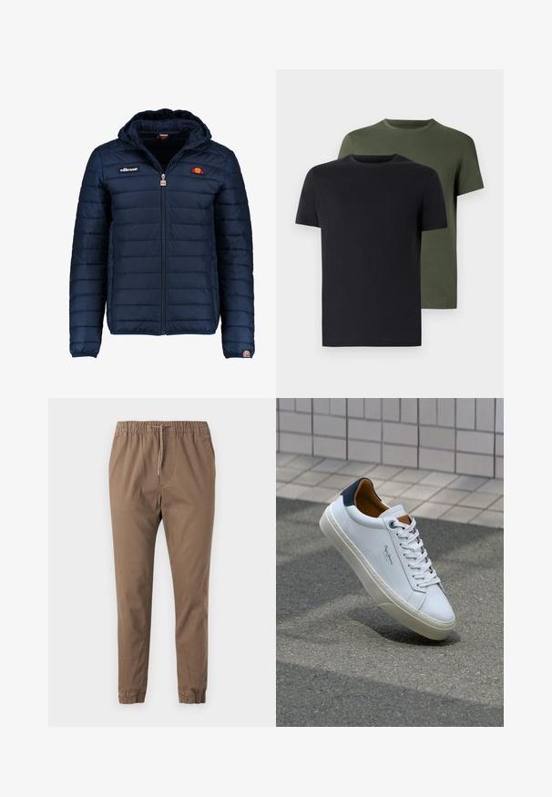 Marineblauwe gewatteerde jas met een capuchon, ritsluiting, kanalenstiksel en logoaccenten op de borst en mouw. Zachte, gestructureerde stof.; Twee crew-neck t-shirts in zwart en olijfgroen, gemaakt van zachte katoen. Het ontwerp is eenvoudig met korte mouwen en een rechte snit.; Bruine, elastische broek met verstelbare trekkoord, taps toelopende pijpen en manchet-zoom. Zachte stof met een gladde textuur en geen zichtbare patronen.; Witte leren sneaker met een marineblauwe hiel, ronde neus en contrasterende bruin accent. Beschikt over platte veters en een gestructureerde rubberen zool.