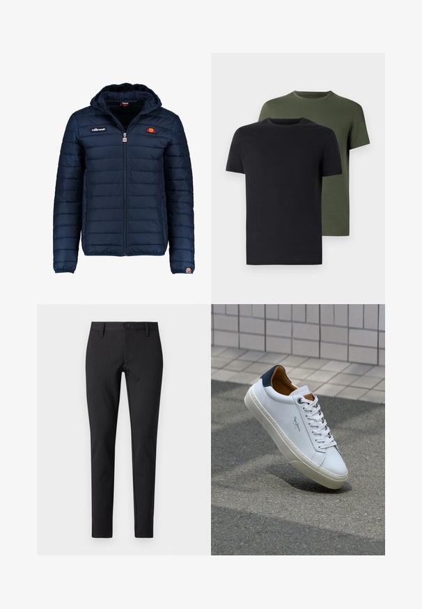 Granatowa kurtka puchowa z kapturem, zapinana na zamek, z przeszyciami w kształcie kanałów oraz akcentami loga na piersi i rękawie. Miękka, teksturowana tkanina.; Dwa t-shirty z okrągłym dekoltem w czarnym i oliwkowym kolorze, wykonane z miękkiej bawełny. Design jest prosty, posiada krótkie rękawy i prosty krój.; Czarne spodnie w paski z płaskim przodem, dopasowane, z zapięciem na guzik i szlufkami na pasek, wykonane z gładkiego materiału tekstylnego.; Białe skórzane trampki z granatowym piętkiem, okrągłym noskiem i kontrastowymi brązowymi akcentami. Posiadają płaskie sznurówki i teksturowaną gumową podeszwę.