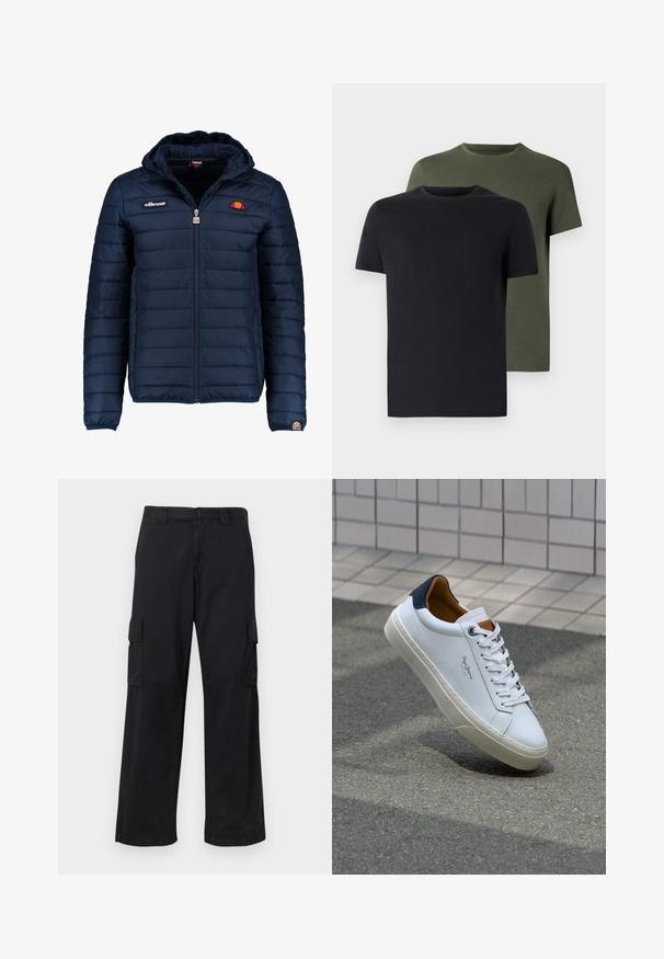 Tengerészkék puffos dzseki kapucnival, cipzáras záródással, csatorna varrással, és logóval díszített mellkassal és ujjakkal. Puha, texturált anyag.; Két crew neck póló fekete és olíva zöld színben, puha pamut anyagból. A design egyszerű, rövid ujjú és egyenes szabású.; Fekete vászon cargo nadrág, pamut keverékből készült, laza szabással, két oldalsó zsebbel és gombos záródással. Sima textúra, minimális díszítéssel.; Fehér bőr sneaker sötétkék sarkúval, kerek orral és kontrasztos barna részletekkel. Lapított fűzőkkel és textúrált gumitalppal rendelkezik.