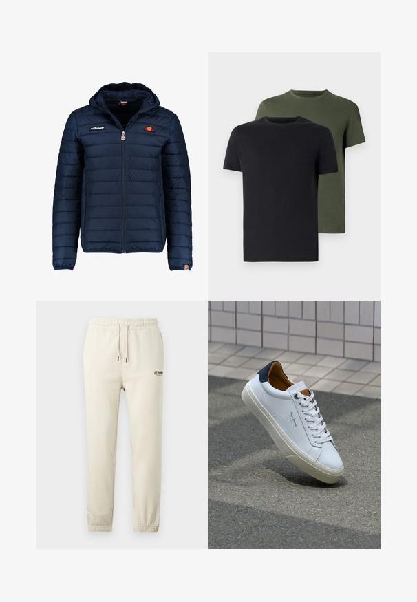 Dunkelblaue Daunenjacke mit Kapuze, Reißverschluss, Kastensteppnähten und Logo-Akzenten auf der Brust und dem Ärmel. Weicher, strukturierter Stoff.; Zwei Rundhals-T-Shirts in Schwarz und Olivgrün, aus weichem Baumwollstoff gefertigt. Das Design ist schlicht mit kurzen Ärmeln und geradem Schnitt.; Beige Sweatpants mit elastischem Bund und Bündchen, versehen mit einem kleinen schwarzen Logo auf dem oberen linken Bein.; Weiße Ledersneaker mit navyfarbenem Fersenbereich, runder Zehenpartie und kontrastierenden braunen Akzenten. Verfügt über flache Schnürsenkel und eine strukturierte Gummisohle.