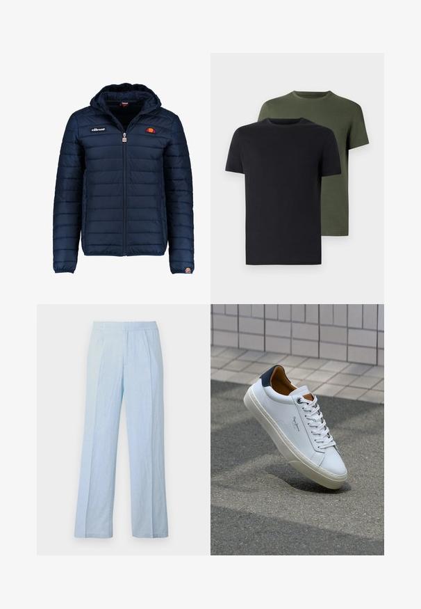 Giubbotto imbottito blu navy con cappuccio, chiusura con zip, cuciture a canale e dettagli con logo sul petto e sulla manica. Tessuto morbido e testurizzato.; Due magliette a girocollo in nero e verde oliva, realizzate in morbido cotone. Il design è semplice, con maniche corte e un taglio dritto.; Pantaloni a gamba larga di colore azzurro chiaro, realizzati in tessuto morbido con una texture a costine, dotati di una vita elastica, pieghe frontali e un fit rilassato.; Sneaker bianca in pelle con tallone blu, punta rotonda e accenti marroni a contrasto. Presenta lacci piatti e suola in gomma testurizzata.