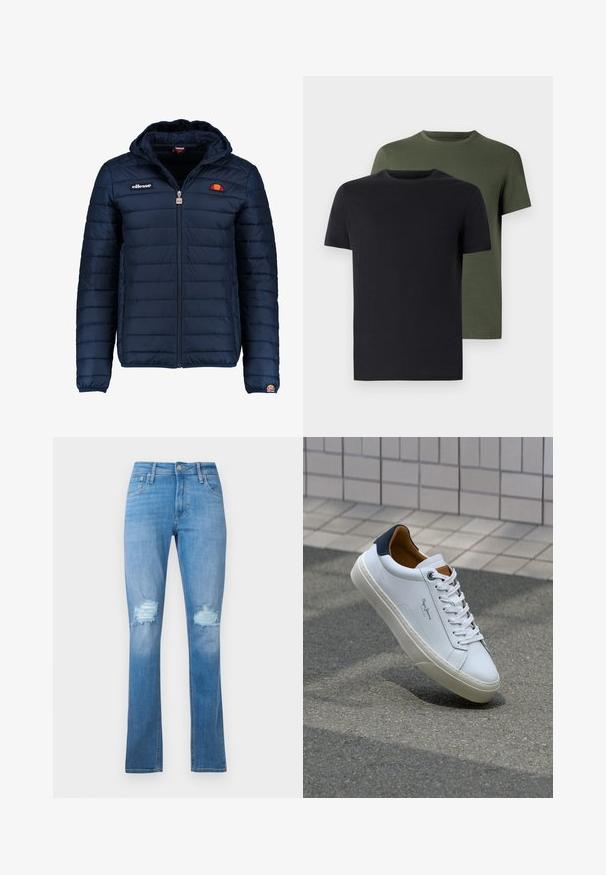 Mornaricnoplava pufasta jakna s kapuljačom, zatvaranje na zip, kanalno šivanje i akcenti s logom na prsima i rukavu. Mekani, teksturirani materijal.; Dva majica s okruglim izrezom u crnoj i maslinastoj boji, napravljena od mekanog pamučnog materijala. Dizajn je jednostavan s kratkim rukavima i ravnim krojem.; Svijetloplave traperice s ravnim nogavicama, s izrezima na koljenima sa strganim rubovima i klasičnim dizajnom s pet džepova.; Bijela kožna tenisica s mornarskom petom, okruglim vrhom i kontrastnim smešnim akcentima. Sadrži ravne vezice i teksturiranu gumenu potplat.