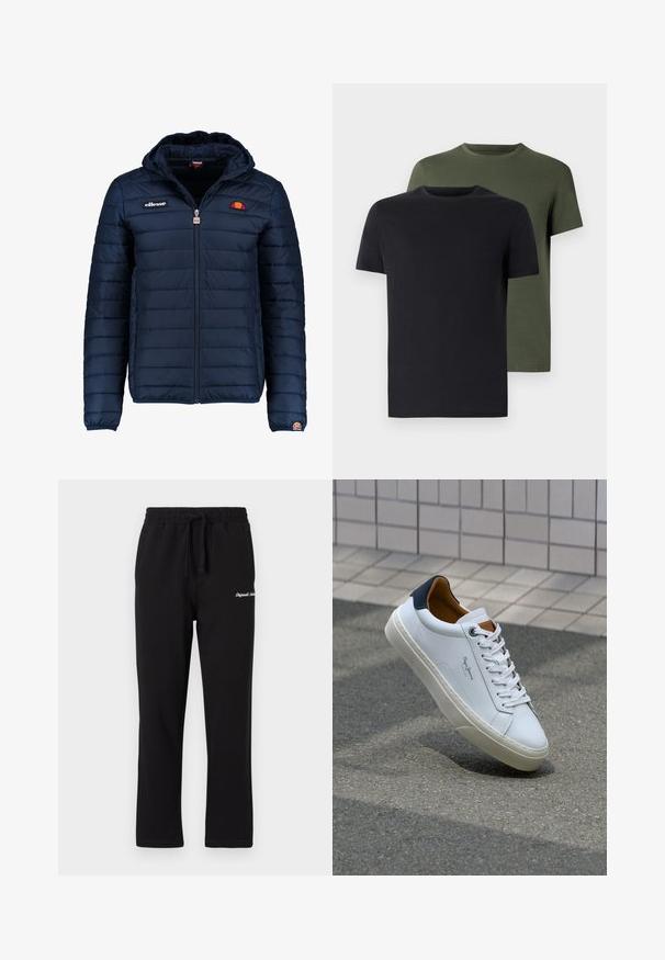 Jachetă puffer de culoare bleumarin, cu glugă, închidere cu fermoar, cusături în canale și detalii cu logo pe piept și pe mânecă. Material moale, texturat.; Două tricouri cu guler rotund, unul negru și unul verde măsliniu, realizate dintr-un material de bumbac moale. Designul este simplu, cu mâneci scurte și tăietură dreaptă.; Pantaloni de trening negri cu talie elastică și șnur ajustabil. Prezintă un logo brodat pe coapsă și un design cu picior drept.; Adidași din piele albă cu călcâi bleumarin, vârf rotund și accente contrastante de culoare maro. Dispun de șireturi plate și talpă din cauciuc texturat.