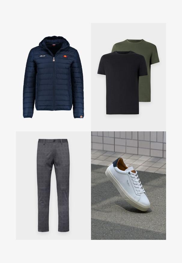 Temno modra napihnjena jakna s kapuco, z zadrgo, kanalnim šivom in logotipom na prsih in rokavu. Mehka, teksturirana tkanina.; Dve majice s okroglim izrezom v črni in olivno zeleni barvi, narejene iz mehkega bombažnega materiala. Oblikovanje je preprosto, z kratkimi rokavi in ravnim krojem.; Sive karirane hlače z ožjim krojem, ki imajo gumbasto zapiranje, zanko za pas in teksturirano tkanino.; Beli usnjeni čevelj s plavo peto, okrogelimi prsti in kontrastnimi rjavimi detajli. Ima ravne vezalke in teksturiran gumijast podplat.