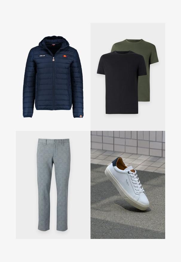 Marineblå puffjakke med hette, glidelås, kanalsøm og logoaksenter på brystet og ermet. Mykt, teksturert stoff.; To t-skjorter med rund hals i svart og olivengrønn, laget av myk bomullstoff. Designet er enkelt med korte ermer og rett snitt.; Grå teksturerte bukser med et subtilt rutemønster. Har knappelukking og rett ben-design, laget av et lett stoff.; Hvit lærsneaker med marineblå hæl, rund tå og kontrasterende brune detaljer. Har flate lisser og teksturert gummisåle.