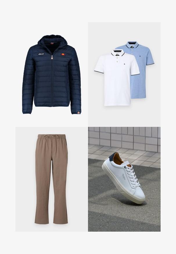 Ναυτικό μπλε ηλεκτρικό μπουφάν με κουκούλα, φερμουάρ, ραφές καναλιού και λογότυπα στο στήθος και το μανίκι. Μαλακό, υφασμάτινο υλικό.; Δύο πόλο πουκάμισα: το ένα λευκό με μαύρες λεπτομέρειες, το άλλο ανοιχτό μπλε με απόχρωση. Κάθε ένα διαθέτει γιακά και πατιλέτα με δύο κουμπιά με λογότυπο.; Καφέ βαμβακερό παντελόνι με ελαστική μέση, φαρδιά γραμμή και ελαφριά φούντα στους αστραγάλους; λεία υφή και χωρίς έντονα μοτίβα.; Λευκό δερμάτινο αθλητικό παπούτσι με ναυτική φτέρνα, στρογγυλή μύτη και αντίθετα καφέ αξεσουάρ. Διαθέτει επίπεδους κορδόνες και υφή από καουτσούκ στη σόλα.