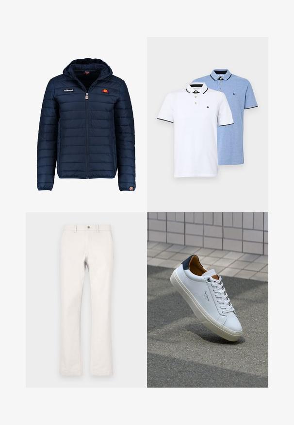 Námořnická modrá péřová bunda s kapucí, zipovým zapínáním, prošívaným vzorem a logem na hrudi a rukávu. Měkká, texturovaná látka.; Dvě polo trička: jedno bílé s černými akcenty, druhé světle modré melírované. Každé má límeček a dvouknoflíkovou nápletu s logem.; Svetle béžové kalhoty vyrobené z bavlny. Mají rovné nohavice, zapínání na knoflík a boční kapsy pro praktičnost. Hladká textura po celé délce.; Bílé kožené tenisky s námořnickým podpatkem, kulatou špičkou a kontrastními hnědými detaily. Obsahují ploché tkaničky a texturovanou gumovou podrážku.