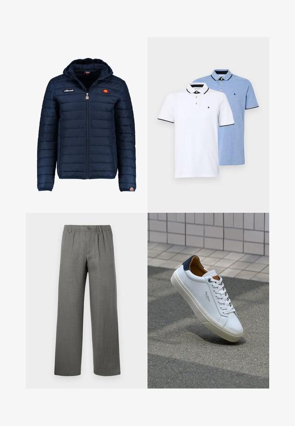 Navy blue puffer jacket with a hood, zip closure, channel stitching, and logo accents on the chest and sleeve. Soft, textured fabric.; Two polo shirts: one white with black accents, the other light blue heather. Each features a collar and two-button placket with logo.; Grey linen trousers with a relaxed fit, elastic waistband, button closure, and straight legs. Smooth texture, minimalistic design.; White leather sneaker with a navy heel, round toe, and contrasting brown accents. Features flat laces and textured rubber sole.