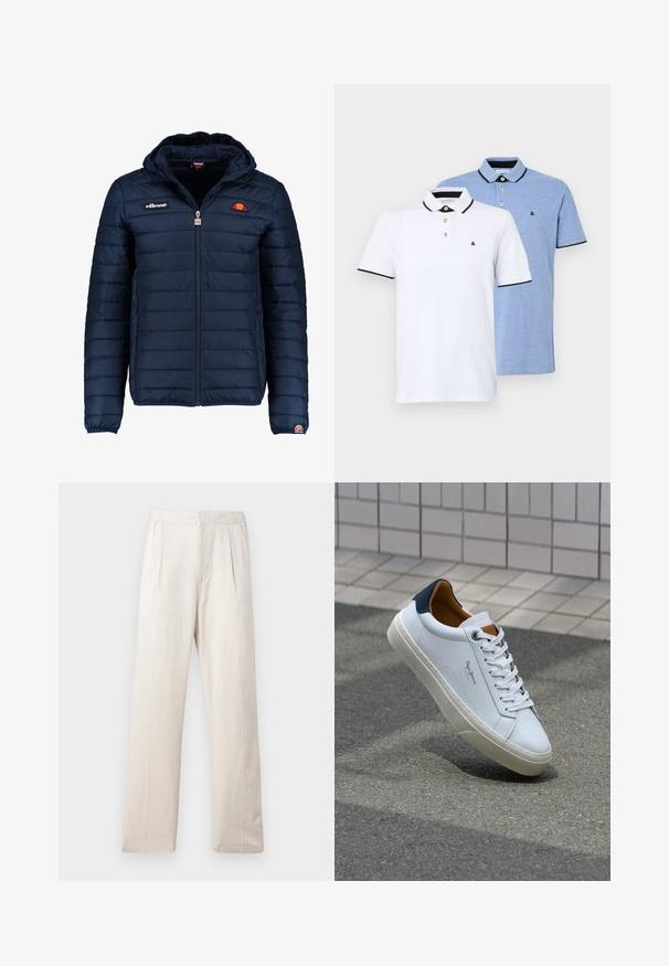 Navy blue puffer jacket with a hood, zip closure, channel stitching, and logo accents on the chest and sleeve. Soft, textured fabric.; Two polo shirts: one white with black accents, the other light blue heather. Each features a collar and two-button placket with logo.; Light beige wide-leg trousers made of textured fabric, featuring an elastic waistband and two front pleats for added detail.; White leather sneaker with a navy heel, round toe, and contrasting brown accents. Features flat laces and textured rubber sole.