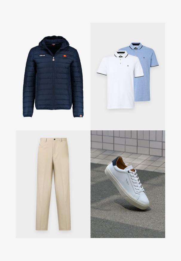 Tengerészkék puffos dzseki kapucnival, cipzáras záródással, csatorna varrással, és logóval díszített mellkassal és ujjakkal. Puha, texturált anyag.; Két póló: az egyik fehér fekete kiegészítőkkel, a másik világoskék melírozott. Mindkettő gallérral és két gombos gombolással rendelkezik, logo-val.; Beige színű, könnyű anyagból készült nadrág, egyenes szárú fazonnal, egyetlen elülső redővel és gombos záródással a deréknál.; Fehér bőr sneaker sötétkék sarkúval, kerek orral és kontrasztos barna részletekkel. Lapított fűzőkkel és textúrált gumitalppal rendelkezik.