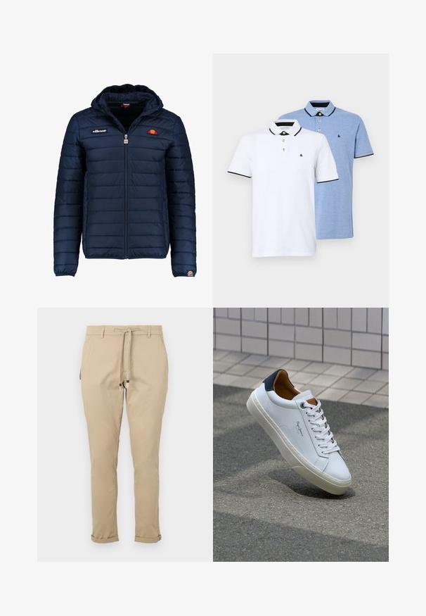 Casaco puffer azul marinho com capuz, fecho de correr, costura em canais e detalhes do logo no peito e na manga. Tecido macio e texturizado.; Duas camisetas polo: uma branca com detalhes pretos, a outra em azul claro mesclado. Cada uma possui um colarinho e uma linha de botões com logotipo.; Calças bege com cordão na cintura e corte afunilado, apresentando bolsos laterais e bainhas ajustadas para um design mais elegante. Feitas de tecido leve.; Sapatilha de couro branco com calcanhar azul marinho, bico redondo e detalhes em castanho contrastantes. Apresenta atacadores planos e sola de borracha texturizada.