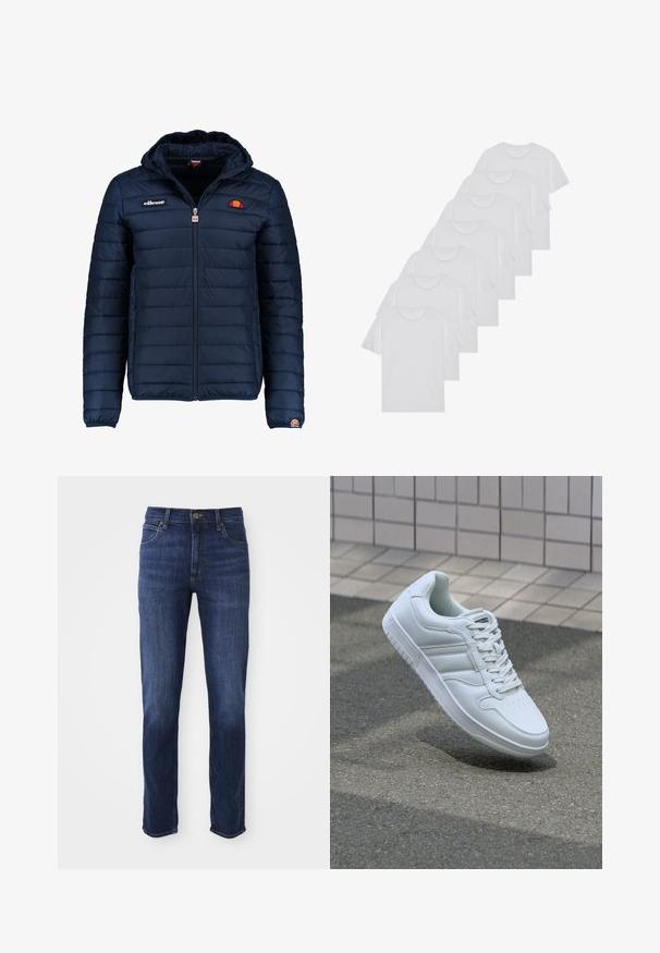 Tums zilā puffer jaka ar kapuci, rāvējslēdzēja aizdare, kanālu šuvēm un logotipa akcentiem uz krūtīm un piedurknēm. Mīksta, teksturēta auduma.; Baltie kokvilnas T-krekli, īsas piedurknes, apaļas izgriezuma dizains, vienkārša tekstūra, sakrauti rindā, ar smalku zīmolu pie kakla izgriezuma.; Tumši zili džinsi ar taisnu piegriezumu, ar klasisku piecu kabatu dizainu un metāla pogu aizdari. Audumā ir viegli izbalējuši detalējumi.; Balti sporta apavi ar gludu ādas virsu, sasienamais priekšpuse, perforēts purngals un rakstaina zole. Minimālisma dizains ar trim sānu svītrām.