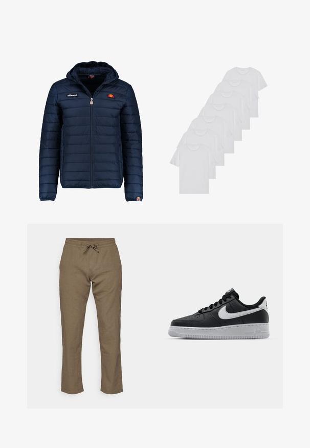 Navy blue puffer jacket with a hood, zip closure, channel stitching, and logo accents on the chest and sleeve. Soft, textured fabric.; White cotton T-shirts, short sleeves, crew neck design, plain texture, stacked in a row, with subtle branding at the neckline.; Jack & Jones JPSTKANE SUMMER JOGGER - Trousers - dusty olive; Black leather sneaker with textured surface, white Nike swoosh, gray sole, round toe, and lace-up design. Features perforations on toe box.