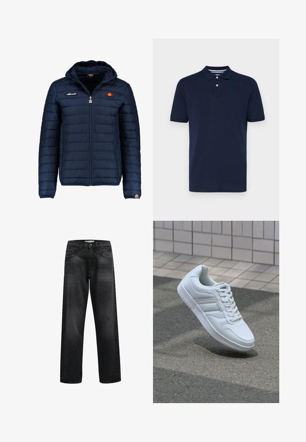 Tummansininen puhvitakki, jossa on huppu, vetoketjukiinnitys, kanavapistoilu ja logoteemaiset yksityiskohdat rinnassa ja hihassa. Pehmeä, teksturoitu kangas.; Laivastonsininen lyhythihainen polo-paita, joka on valmistettu puuvillasta. Paidan kauluksessa on kolme nappia ja hienovaraiset vaakasuorat raidat.; Mustat suorat farkut, joissa on etutaskut, vetoketjukiinnitys ja hienovarainen kulutusmateriaali. Ei näkyviä logoja tai koristeita.; Valkoiset urheilukengät, joissa on sileä nahkapinta, nauhakiinnitys edessä, rei'itetty kärki ja kuvioitu pohja. Minimalistinen muotoilu, jossa on kolme sivuraitaa.