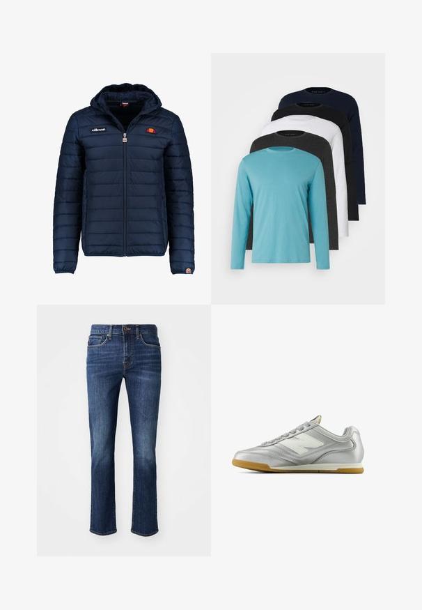 Tumedat sinised puffer jakk kapuutsiga, lukuga suletav, kanalite õmblustega ning logo aktsentidega rinnal ja varrukal. Pehme, tekstuuriga kangas.; Viis pika varrukaga T-särki reas: türkiissinine, must, valge, tumehall ja marineeritud sinine. Pehme kangas, ümmargune kaelus ja tavaline lõike.; Tumedad sinised teksased, millel on sirge jalg. Omadusteks on lukuga sääretaskud ja kerged tuhmid kohad reite peal. Valmistatud denimpangast.; Hõbedane spordijalats sileda, läikiva pinnaga, valge logo küljes, tekstuuriga hallid paelad ja kummist soe põhi.