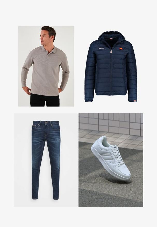 Námornícky modrá prešívaná bunda s kapucňou, zipsom, kanálovým prešívaním a logovými akcentmi na hrudi a rukáve. Mäkkučká, textúrovaná tkanina.; Dlhý rukáv sivý polo tričko vyrobené z textúrovanej látky, vybavené golierom a dvoma gombíkmi, kombinované s čiernymi nohavicami.; Tmavomodré džíny s úzkym strihom, jemným opotrebovaním, piatimi vreckami a kovovým zapínaním. Šité akcenty v kontrastnej farbe.; Biele atletické tenisky s hladkým koženým zvrškom, šnurovaním vpredu, perforovanou špičkou a vzorovanou podrážkou. Minimalistický dizajn s tromi bočnými pruhmi.