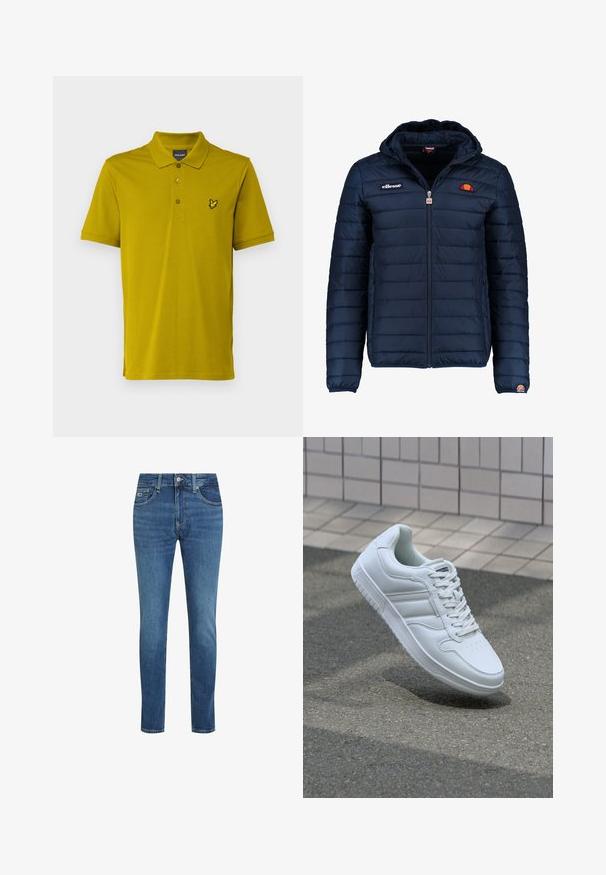 Tummansininen puhvitakki, jossa on huppu, vetoketjukiinnitys, kanavapistoilu ja logoteemaiset yksityiskohdat rinnassa ja hihassa. Pehmeä, teksturoitu kangas.; Lyle & Scott Pikeepaita - gold coloured; Siniset kapeat farkut, joissa on viisi taskua, vyölenkkit ja nappi- sekä vetoketjukiinnitys.; Valkoiset urheilukengät, joissa on sileä nahkapinta, nauhakiinnitys edessä, rei'itetty kärki ja kuvioitu pohja. Minimalistinen muotoilu, jossa on kolme sivuraitaa.