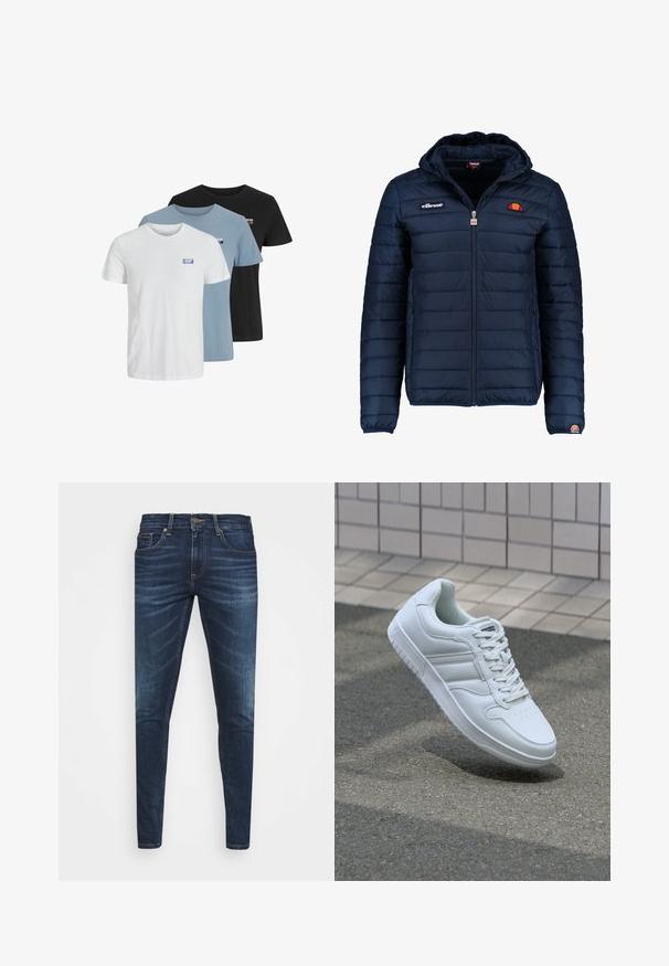 Dunkelblaue Daunenjacke mit Kapuze, Reißverschluss, Kastensteppnähten und Logo-Akzenten auf der Brust und dem Ärmel. Weicher, strukturierter Stoff.; Drei kurzärmlige T-Shirts in Weiß, Hellblau und Schwarz aus Baumwolle. Jedes Shirt hat ein kleines Logo auf der linken Brustseite.; Dunkelblaue Jeans im Slim Fit mit subtiler Verwaschung, fünf Taschen und einem Metallknopfverschluss. Genähte Akzente in kontrastierender Farbe.; Weiße sportliche Sneaker mit Obermaterial aus glattem Leder, Schnürfront, durchlöchtem Zehenbereich und gemusterter Sohle. Minimalistisches Design mit drei Seitenstreifen.