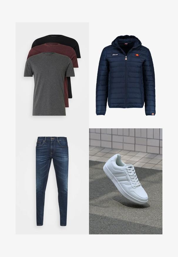 Tengerészkék puffos dzseki kapucnival, cipzáras záródással, csatorna varrással, és logóval díszített mellkassal és ujjakkal. Puha, texturált anyag.; Három rövidujjú póló sötétszürke, bordó és fekete színben. Puha pamutból készült, kerek nyakkivágással és laza szabással.; Sötétkék farmernadrág, testhezálló fazonnal, finom áttűnéssel, öt zsebbel és fémből készült gombzárral. Kontrasztos színű varrási díszítések.; Fehér sportcipő sima bőr felsőrésszel, fűzős elülettel, perforált orral és mintázott talppal. Minimalista dizájn három oldalsávval.