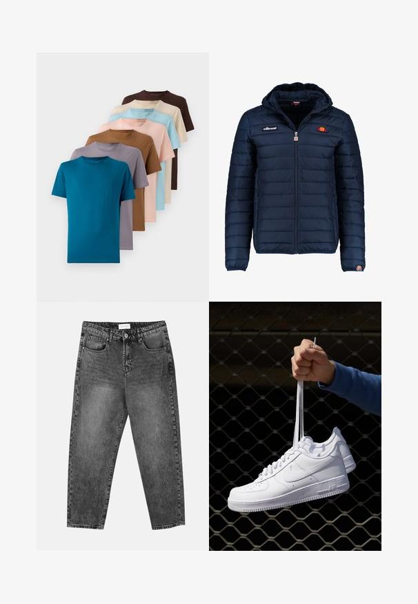 Námořnická modrá péřová bunda s kapucí, zipovým zapínáním, prošívaným vzorem a logem na hrudi a rukávu. Měkká, texturovaná látka.; Sada osmi triček s kulatým výstřihem v různých barvách: tyrkysová, hnědá, béžová, světle modrá, světle růžová, šedá a levandulová, vyrobená z hladké látky.; Černé prané rovné džíny s předními a zadními kapsami, poutky na opasek a knoflíkovým zapínáním v pase.; Bílé kožené tenisky s perforacemi, kulatou špičkou, plochou podrážkou a silnými tkaničkami, které mají viditelné logo swoosh a nápis "AIR" na patě.