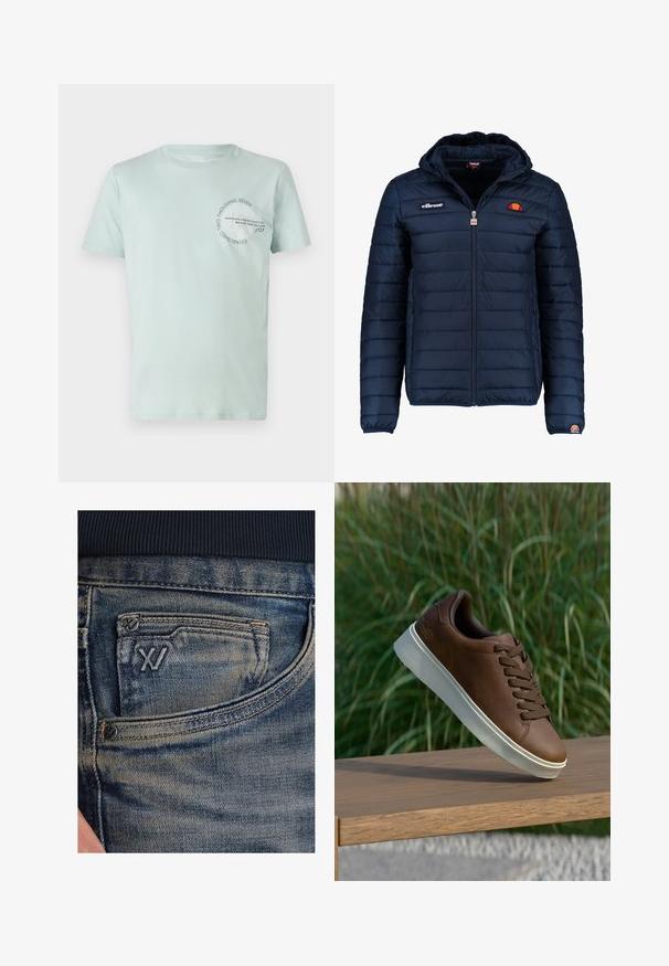 Mörkblå pufferjacka med huva, dragkedjestängning, kanalsömmar och logodetaljer på bröstet och ärmen. Mjuk, texturerad tyg.; Ljus mintgrön t-shirt med kort ärm och rund halsringning, med tryckt text i mörkblått på framsidan. Tillverkad av mjukt bomullstyg.; Blå denimjeans med en blekt textur, utrustade med en myntficka och en svart logotypdetalj på framsidan. Midjebandet är av mörk marinblå ribbad tyg.; Bruna lädersneakers med vit gummisula, rund tå och bruna snörningar. Texturerat grepp på sulan och slät yta på överdelen.