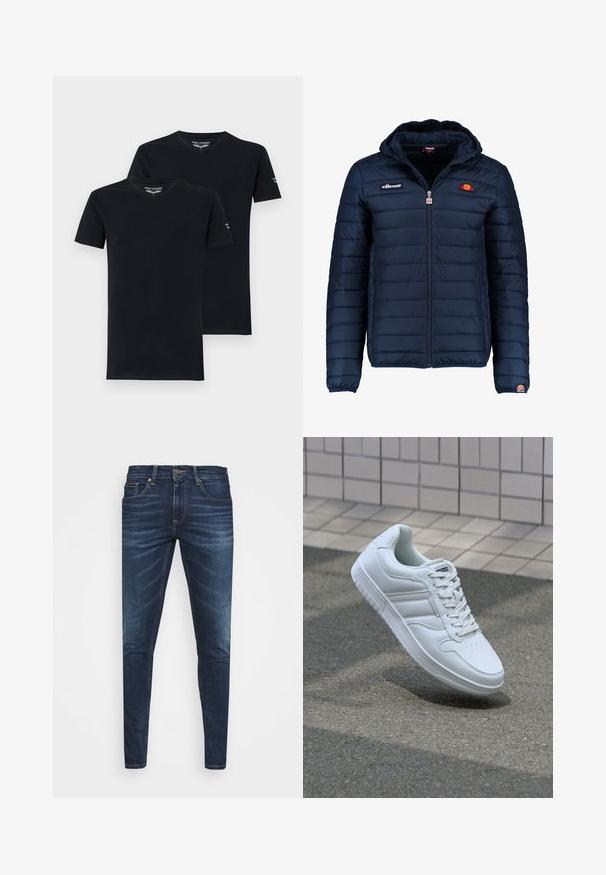 Námořnická modrá péřová bunda s kapucí, zipovým zapínáním, prošívaným vzorem a logem na hrudi a rukávu. Měkká, texturovaná látka.; Dvé černé bavlněné trička s krátkým rukávem a výstřihem do V, s štítkem na výstřihu a malým logem na rukávu.; Tmavě modré džíny z denimu s úzkým střihem, jemným vyblednutím, pěti kapsami a kovovým zapínáním na knoflík. Šité akcenty v kontrastní barvě.; Bílé sportovní tenisky s hladkým koženým svrškem, šněrovacím předním dílem, perforovanou špičkou a vzorovanou podrážkou. Minimalistický design se třemi bočními pruhy.