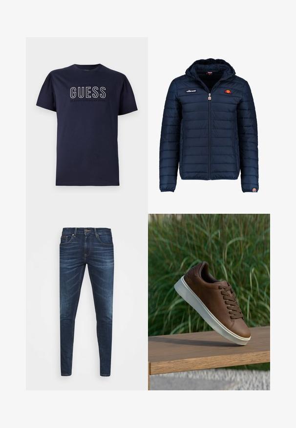 Tumedat sinised puffer jakk kapuutsiga, lukuga suletav, kanalite õmblustega ning logo aktsentidega rinnal ja varrukal. Pehme, tekstuuriga kangas.; Tumesinine puuvillane t-särk lühikeste varrukatega, millel on tõstetud "GUESS" logo ja tekst "CLASSIC AMERICAN STYLE" valge ja halli värviga. Lihtne disain.; Tumedat sinised teksad kitsas lõikes, kerge kulumisega, viie taskuga ja metallnööbiga sulgemine. Õmmeldud aktsendid kontrastsetes värvides.; Pruun nahast tenniseking valge kummist tallaga, ümar varvas ja pruunid laced. Talla tekstuuriline haardepind ja ülemise sile pind.