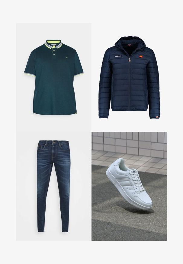 Marineblå puffjakke med hette, glidelås, kanalsøm og logoaksenter på brystet og ermet. Mykt, teksturert stoff.; Mørkeblå polo shirt med to-knaps placket. Har en kontrasterende neongrønn krage og ermeaksenter. Mykt stoff med klassisk passform.; Mørkeblå denimjeans med smal passform, subtil falming, fem lommer og metallknaplukking. Sømmer i kontrastfarge.; Hvit atletisk sneaker med glatt skinnoverside, snøring foran, perforert tå og mønstrets såle. Minimalistisk design med tre side-striper.