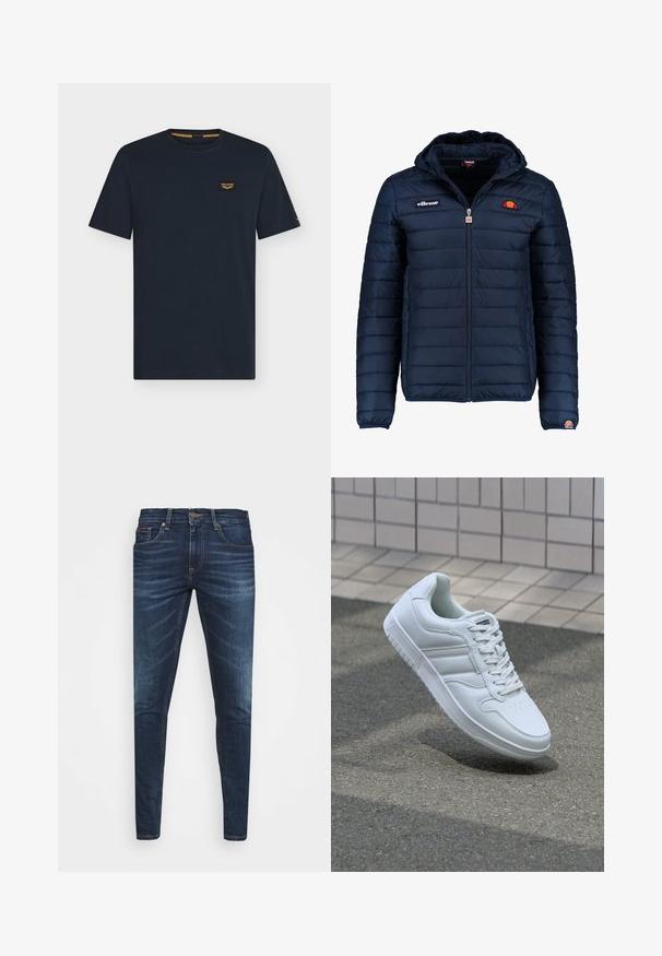 Veste matelassée bleu marine avec capuche, fermeture zippée, coutures en canaux et accents de logo sur la poitrine et la manche. Tissu doux et texturé.; T-shirt en coton bleu marine à manches courtes, col rond, avec une petite étiquette sur le côté gauche de la poitrine. Texture lisse et coupe décontractée.; Jean en denim bleu foncé avec une coupe slim, décoloration subtile, cinq poches et une fermeture à bouton en métal. Accents cousus dans une couleur contrastante.; Baskets blanches de sport avec une tige en cuir lisse, un laçage à l'avant, une pointe perforée et une semelle à motifs. Design minimaliste avec trois bandes latérales.