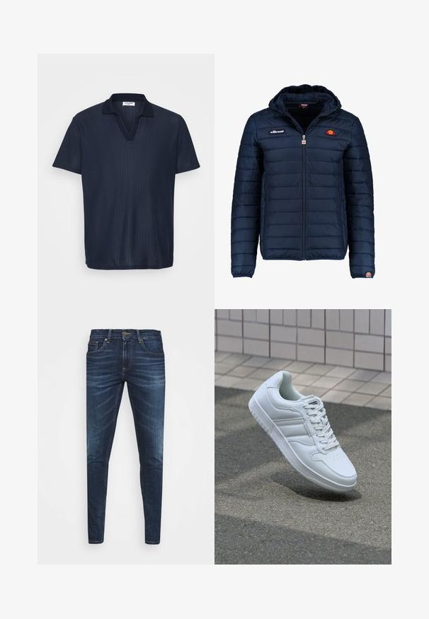 Tengerészkék puffos dzseki kapucnival, cipzáras záródással, csatorna varrással, és logóval díszített mellkassal és ujjakkal. Puha, texturált anyag.; Sötétkék pólóing textúrált, bordázott anyagból, V-kivágással és rövid ujjakkal. Klasszikus gallér emeli a stílusát.; Sötétkék farmernadrág, testhezálló fazonnal, finom áttűnéssel, öt zsebbel és fémből készült gombzárral. Kontrasztos színű varrási díszítések.; Fehér sportcipő sima bőr felsőrésszel, fűzős elülettel, perforált orral és mintázott talppal. Minimalista dizájn három oldalsávval.
