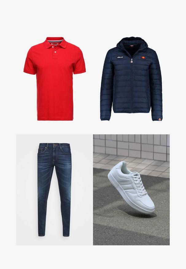 Jachetă puffer de culoare bleumarin, cu glugă, închidere cu fermoar, cusături în canale și detalii cu logo pe piept și pe mânecă. Material moale, texturat.; Tricou polo roșu din bumbac, cu guler, având două butoane și o linie interioară cu dungi la guler. Mâneci scurte și un croi standard.; Jeans din denim de culoare albastră închisă, cu o croială slim, ușor decolorate, cinci buzunare și închidere cu buton metalic. Detalii cusute în culori contrastante.; Adidași albi pentru sport cu superior din piele netedă, sistem de șireturi în față, vârf perforat și talpă cu model. Design minimalist cu trei dungi laterale.