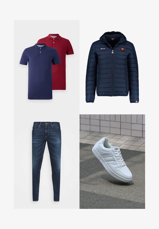 Marineblauwe gewatteerde jas met een capuchon, ritsluiting, kanalenstiksel en logoaccenten op de borst en mouw. Zachte, gestructureerde stof.; Twee polo shirts met korte mouwen, een donkerrode effen en een marineblauwe met een wit verticaal stippenpatroon, beide met knoopsluitingen en kraag.; Donkerblauwe denim jeans met een slim fit, subtiele vervaging, vijf zakken en een metalen knoopsluiting. Gestikte accenten in contrasterende kleur.; Witte sportsneaker met een glad leren bovenwerk, vetersluiting aan de voorkant, geperforeerde neus en een geprofileerde zool. Minimalistisch ontwerp met drie zijstrepen.