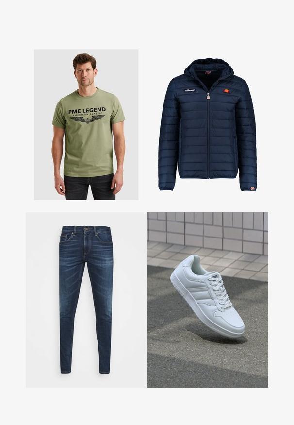 Granatowa kurtka puchowa z kapturem, zapinana na zamek, z przeszyciami w kształcie kanałów oraz akcentami loga na piersi i rękawie. Miękka, teksturowana tkanina.; Oliwkowa bawełniana koszulka z krótkim rękawem. Z przodu nadruk: "PME LEGEND" oraz wzór skrzydeł. Okrągły dekolt i standardowy krój.; Granatowe dżinsy o slim fit, delikatnym wyblaknięciu, pięciu kieszeniach i metalowym zapięciem. Haftowane akcenty w kontrastowym kolorze.; Białe sportowe trampki z gładkiej skóry, z zapięciem na sznurowadła, perforowanym noskiem i wzorzystą podeszwą. Minimalistyczny design z trzema paskami po bokach.