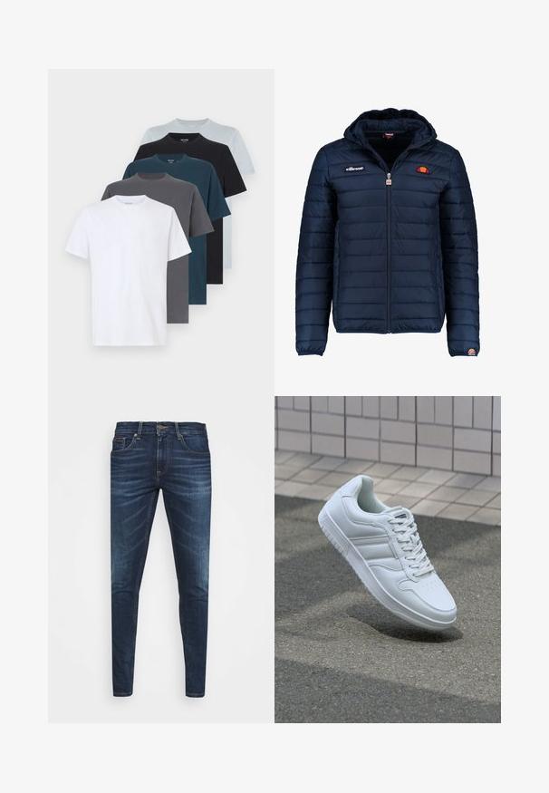 Tengerészkék puffos dzseki kapucnival, cipzáras záródással, csatorna varrással, és logóval díszített mellkassal és ujjakkal. Puha, texturált anyag.; Hat darabos, kerek nyakú póló szett különböző színekben: fehér, világoskék, sötétszürke, türkiz, tengerészkék és fekete. Puha pamut anyagból, rövid ujjú.; Sötétkék farmernadrág, testhezálló fazonnal, finom áttűnéssel, öt zsebbel és fémből készült gombzárral. Kontrasztos színű varrási díszítések.; Fehér sportcipő sima bőr felsőrésszel, fűzős elülettel, perforált orral és mintázott talppal. Minimalista dizájn három oldalsávval.