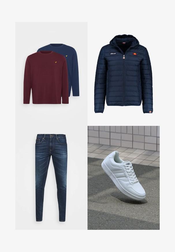 Námornícky modrá prešívaná bunda s kapucňou, zipsom, kanálovým prešívaním a logovými akcentmi na hrudi a rukáve. Mäkkučká, textúrovaná tkanina.; Pier One 2 PACK - Top s dlhým rukávom - bordeaux/dark blue; Tmavomodré džíny s úzkym strihom, jemným opotrebovaním, piatimi vreckami a kovovým zapínaním. Šité akcenty v kontrastnej farbe.; Biele atletické tenisky s hladkým koženým zvrškom, šnurovaním vpredu, perforovanou špičkou a vzorovanou podrážkou. Minimalistický dizajn s tromi bočnými pruhmi.