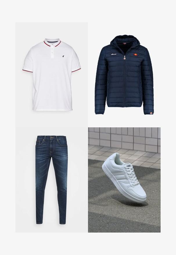 Marineblauwe gewatteerde jas met een capuchon, ritsluiting, kanalenstiksel en logoaccenten op de borst en mouw. Zachte, gestructureerde stof.; Witte polo met kraag, drie knopen placket, rood en marineblauw gestreepte accenten op de mouwen en een klein zwart logo op de borst.; Donkerblauwe denim jeans met een slim fit, subtiele vervaging, vijf zakken en een metalen knoopsluiting. Gestikte accenten in contrasterende kleur.; Witte sportsneaker met een glad leren bovenwerk, vetersluiting aan de voorkant, geperforeerde neus en een geprofileerde zool. Minimalistisch ontwerp met drie zijstrepen.
