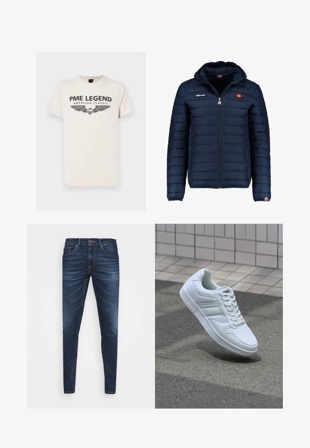 Námořnická modrá péřová bunda s kapucí, zipovým zapínáním, prošívaným vzorem a logem na hrudi a rukávu. Měkká, texturovaná látka.; Krémové bavlněné tričko s tmavým potiskem, na kterém je nápis "PME LEGEND AMERICAN CLASSIC" s grafickými křídly pod textem.; Tmavě modré džíny z denimu s úzkým střihem, jemným vyblednutím, pěti kapsami a kovovým zapínáním na knoflík. Šité akcenty v kontrastní barvě.; Bílé sportovní tenisky s hladkým koženým svrškem, šněrovacím předním dílem, perforovanou špičkou a vzorovanou podrážkou. Minimalistický design se třemi bočními pruhy.