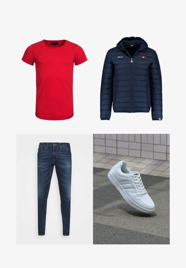 Dunkelblaue Daunenjacke mit Kapuze, Reißverschluss, Kastensteppnähten und Logo-Akzenten auf der Brust und dem Ärmel. Weicher, strukturierter Stoff.; Rotes Baumwoll-T-Shirt mit Rundhalsausschnitt, kurzen, aufgerollten Ärmeln und leicht abgerundetem Saum. Der Stoff hat eine subtile Textur und ist körpernah geschnitten.; Dunkelblaue Jeans im Slim Fit mit subtiler Verwaschung, fünf Taschen und einem Metallknopfverschluss. Genähte Akzente in kontrastierender Farbe.; Weiße sportliche Sneaker mit Obermaterial aus glattem Leder, Schnürfront, durchlöchtem Zehenbereich und gemusterter Sohle. Minimalistisches Design mit drei Seitenstreifen.