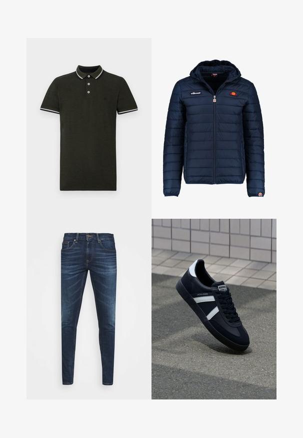 Tengerészkék puffos dzseki kapucnival, cipzáras záródással, csatorna varrással, és logóval díszített mellkassal és ujjakkal. Puha, texturált anyag.; Sötétzöld polo póló, mely texturált anyagból készült. Két gombos nyakkivágással, kontrasztos fehér és tengerészkék csíkos gallérral és ujjvégekkel rendelkezik.; Sötétkék farmernadrág, testhezálló fazonnal, finom áttűnéssel, öt zsebbel és fémből készült gombzárral. Kontrasztos színű varrási díszítések.; Fekete bőr sportcipő fehér csíkokkal, textúrált gumitalppal és fűzős elejével. A nyelvén márkás címke található.