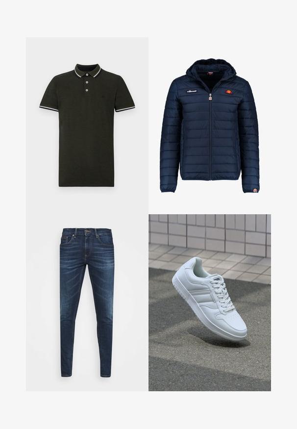 Tumedat sinised puffer jakk kapuutsiga, lukuga suletav, kanalite õmblustega ning logo aktsentidega rinnal ja varrukal. Pehme, tekstuuriga kangas.; Tumed roheline polo särk, mis on valmistatud tekstureeritud riidest. Omab kaht nupuvajutust, kontrastset valge ja tumepeitsija triibulist kraed ning varrukate servasid.; Tumedat sinised teksad kitsas lõikes, kerge kulumisega, viie taskuga ja metallnööbiga sulgemine. Õmmeldud aktsendid kontrastsetes värvides.; Valge spordijalanõud silederja nahkvarrega, ninast paeltega, perforatsiooni tõttu ventilatsiooniga ning mustrilise tallaga. Minimalistlik disain, millel on kolm külgmist triipu.
