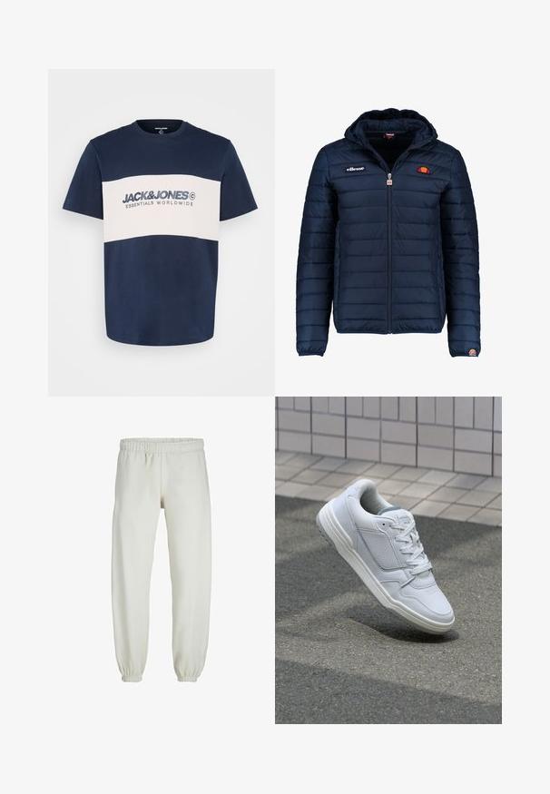 Tengerészkék puffos dzseki kapucnival, cipzáras záródással, csatorna varrással, és logóval díszített mellkassal és ujjakkal. Puha, texturált anyag.; Jack & Jones JJELEGACY BLOCKING TEE O NECK - Nyomott mintás póló - navy; Fehér melegítőnadrág, puha anyagból készült, rugalmas derékrésszel és mandzsettával, sima tapintású és laza szabású.; Fehér bőr sneaker perforált oldalakkal, texturált részletekkel, lapos fűzőkkel és kontrasztos szürke sarokkal. Enyhén megemelt talppal rendelkezik.