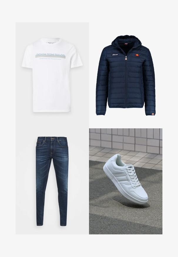 Tumedat sinised puffer jakk kapuutsiga, lukuga suletav, kanalite õmblustega ning logo aktsentidega rinnal ja varrukal. Pehme, tekstuuriga kangas.; Valge puuvillane T-särk, millel on ümar kaelus, lühikesed varrukad ja sinine graafiline tekstidesain, mis ütleb "DENIM TOM TAILOR asutatud 2007."; Tumedat sinised teksad kitsas lõikes, kerge kulumisega, viie taskuga ja metallnööbiga sulgemine. Õmmeldud aktsendid kontrastsetes värvides.; Valge spordijalanõud silederja nahkvarrega, ninast paeltega, perforatsiooni tõttu ventilatsiooniga ning mustrilise tallaga. Minimalistlik disain, millel on kolm külgmist triipu.
