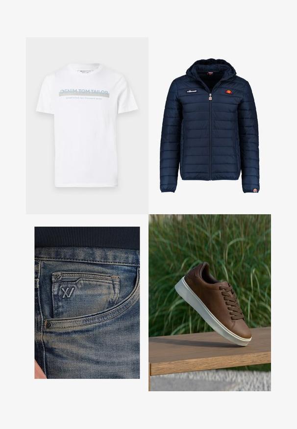 Marineblauwe gewatteerde jas met een capuchon, ritsluiting, kanalenstiksel en logoaccenten op de borst en mouw. Zachte, gestructureerde stof.; Witte katoenen T-shirt met een ronde hals, korte mouwen en een blauw grafisch tekstontwerp met de tekst "DENIM TOM TAILOR opgericht 2007."; Blauwe spijkerbroek met een vervaagde textuur, voorzien van een muntzakje en een zwart logo-accent aan de voorkant. De tailleband is gemaakt van donkerblauw geribd stof.; Bruine leren sneaker met een witte rubberen zool, ronde neus en bruine veters. Getextureerde grip op de zool en een gladde afwerking op het bovenwerk.