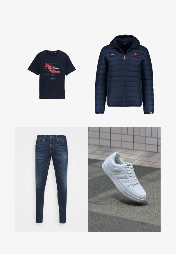 Tamsiai mėlynas pūkinis švarkas su gobtuvu, užtrauktuku, kanalų siuvimu ir logotipo akcentais krūtinėje bei rankovėje. Minkšta, tekstūruota medžiaga.; Tamsiai mėlynos spalvos medvilninė marškinėliai su apvalia iškirpte, trumpomis rankovėmis ir tekstiniais grafika su raudonais akcentais bei aviacijos tema.; Tamsiai mėlynos džinsinės kelnės su liesu siluetu, subtiliu nusidėvėjimu, penkiomis kišenėmis ir metaliniu mygtuku užsegimui. Įsiūtos akcentai kontrastinga spalva.; Baltos sportinės kedai su lygaus odos viršumi, raišteliais priekyje, perforuotu kojų pirštu ir raštuotu padu. Minimalistinis dizainas su trimis šoninėmis juostelėmis.