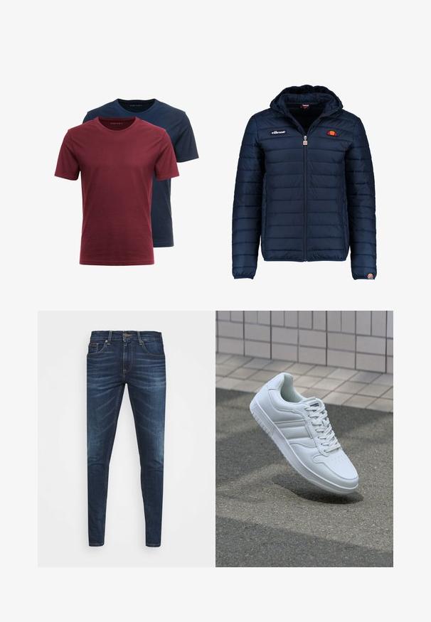 Granatowa kurtka puchowa z kapturem, zapinana na zamek, z przeszyciami w kształcie kanałów oraz akcentami loga na piersi i rękawie. Miękka, teksturowana tkanina.; Dwa t-shirty z okrągłym dekoltem, postawione jeden na drugim; jeden w odcieniu bordowym, a drugi w ciemnym granacie. Wykonane z bawełny, z krótkimi rękawami i gładką teksturą.; Granatowe dżinsy o slim fit, delikatnym wyblaknięciu, pięciu kieszeniach i metalowym zapięciem. Haftowane akcenty w kontrastowym kolorze.; Białe sportowe trampki z gładkiej skóry, z zapięciem na sznurowadła, perforowanym noskiem i wzorzystą podeszwą. Minimalistyczny design z trzema paskami po bokach.