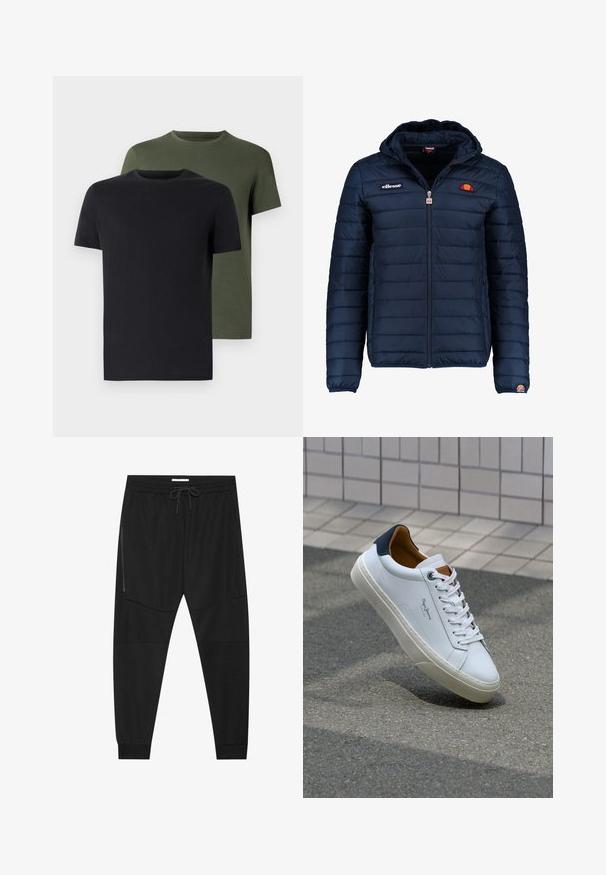 Marineblå puffjakke med hette, glidelås, kanalsøm og logoaksenter på brystet og ermet. Mykt, teksturert stoff.; To t-skjorter med rund hals i svart og olivengrønn, laget av myk bomullstoff. Designet er enkelt med korte ermer og rett snitt.; Sorte treningsbukser laget av teksturert stoff, med justerbart liv, glidelåslomme på siden og avsmalnende mansjetter.; Hvit lærsneaker med marineblå hæl, rund tå og kontrasterende brune detaljer. Har flate lisser og teksturert gummisåle.