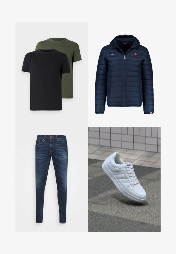 Námořnická modrá péřová bunda s kapucí, zipovým zapínáním, prošívaným vzorem a logem na hrudi a rukávu. Měkká, texturovaná látka.; Dvě trička s kulatým výstřihem v černé a olivově zelené barvě, vyrobená z měkké bavlny. Design je jednoduchý s krátkými rukávy a rovnými střihy.; Tmavě modré džíny z denimu s úzkým střihem, jemným vyblednutím, pěti kapsami a kovovým zapínáním na knoflík. Šité akcenty v kontrastní barvě.; Bílé sportovní tenisky s hladkým koženým svrškem, šněrovacím předním dílem, perforovanou špičkou a vzorovanou podrážkou. Minimalistický design se třemi bočními pruhy.