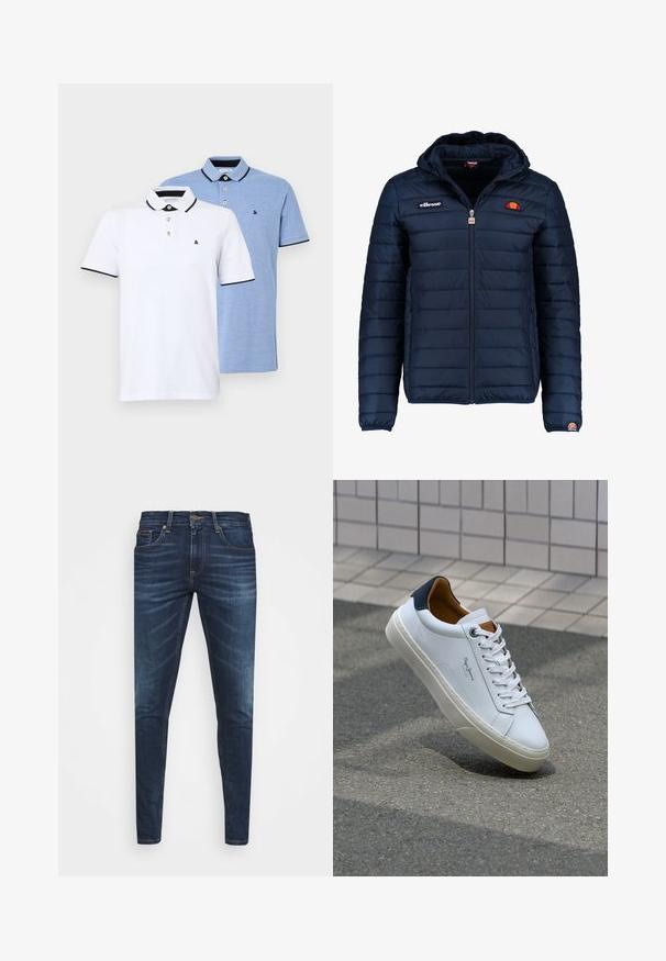 Marineblauwe gewatteerde jas met een capuchon, ritsluiting, kanalenstiksel en logoaccenten op de borst en mouw. Zachte, gestructureerde stof.; Twee poloshirts: de ene wit met zwarte accenten, de andere lichtblauw gemêleerd. Beide hebben een kraag en een knoopsluiting met twee knopen, met een logo.; Donkerblauwe denim jeans met een slim fit, subtiele vervaging, vijf zakken en een metalen knoopsluiting. Gestikte accenten in contrasterende kleur.; Witte leren sneaker met een marineblauwe hiel, ronde neus en contrasterende bruin accent. Beschikt over platte veters en een gestructureerde rubberen zool.