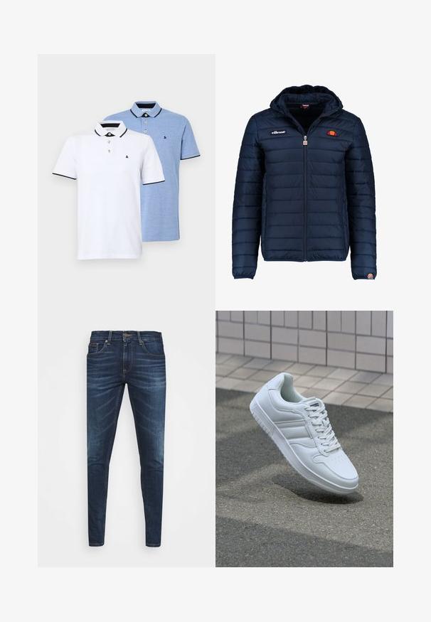 Mørkeblå puffjakke med hætte, lynlåslukning, kanalstyret syning og logo-detaljer på brystet og ærmet. Blødt, struktureret stof.; To polo shirts: en hvid med sorte accenter og en lys blå meleret. Hver har en krave og en to-knaps placket med logo.; Mørkeblå denim jeans med slim fit, subtil falming, fem lommer og metalknaplukning. Syede detaljer i kontrastfarve.; Hvide atletiske sneakers med glat læderoverdel, snørelukning foran, perforeret tå og mønstret sål. Minimalistisk design med tre sidelister.